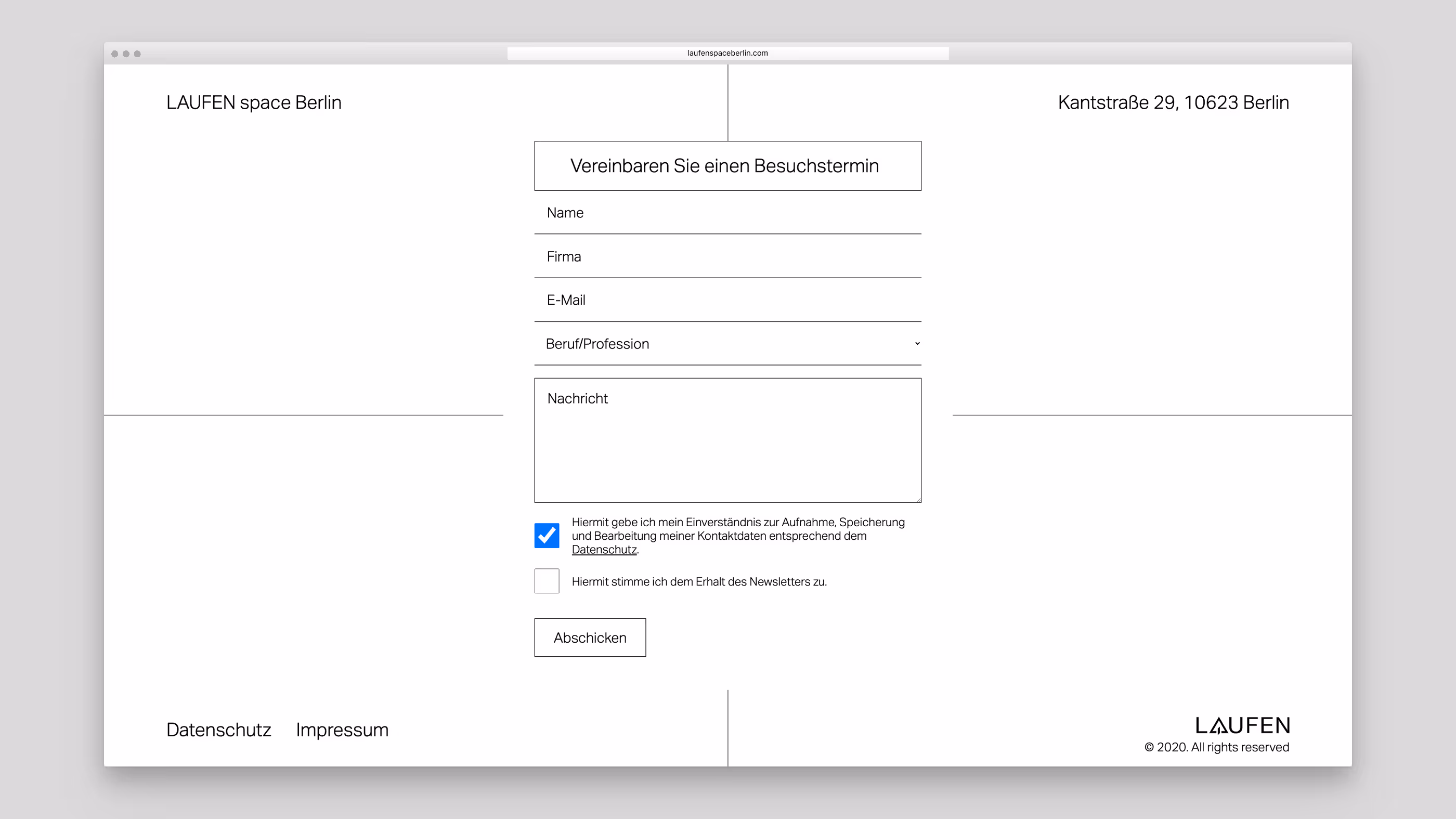 Contact form on LAUFEN space Berlin website for scheduling a visit, including fields for name, company, email, profession, a message box, consent checkboxes, and a submit button.
