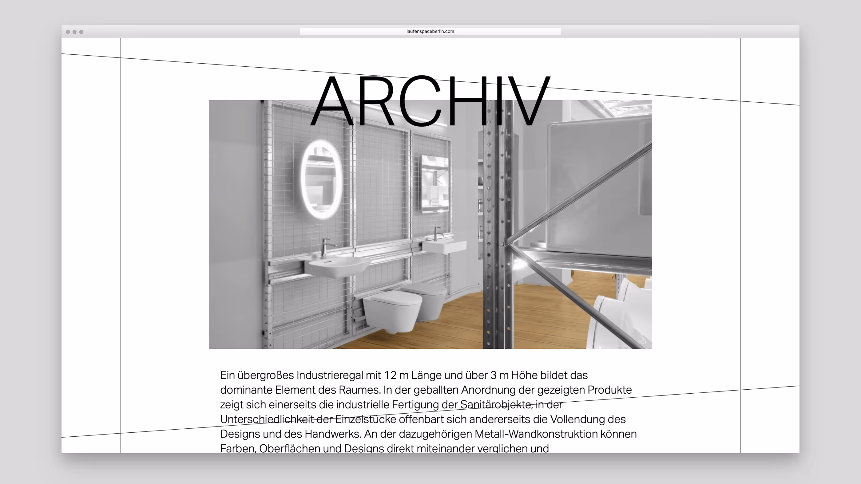 Webpage displaying modern bathroom fixtures including illuminated oval mirror, two wall-mounted sinks, and two wall-mounted toilets with metal grid wall and wooden floor.