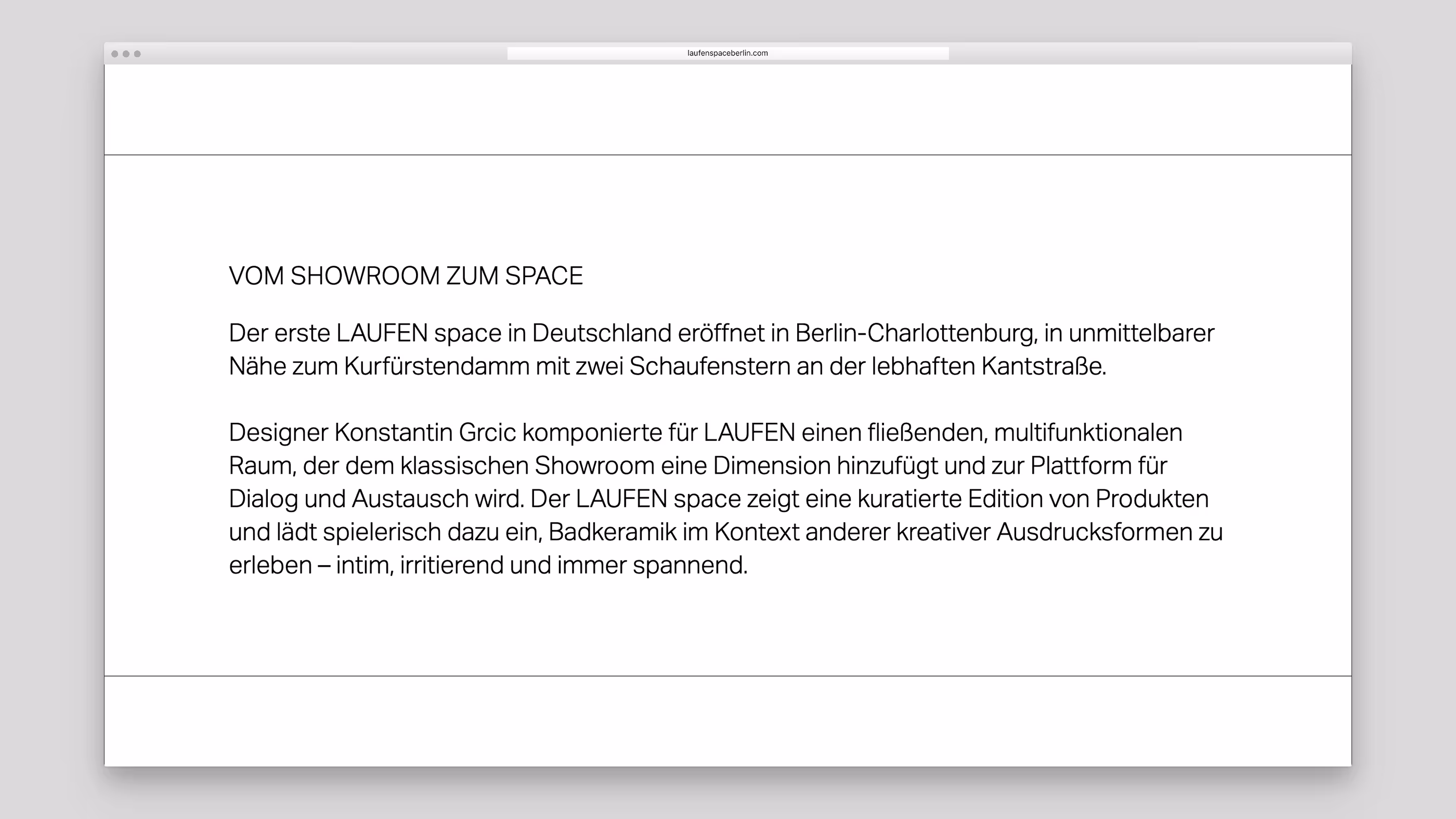 German text describing the opening of the first LAUFEN space in Berlin-Charlottenburg, designed by Konstantin Grcic as a multifunctional showroom for creative ceramic expressions and dialogue.