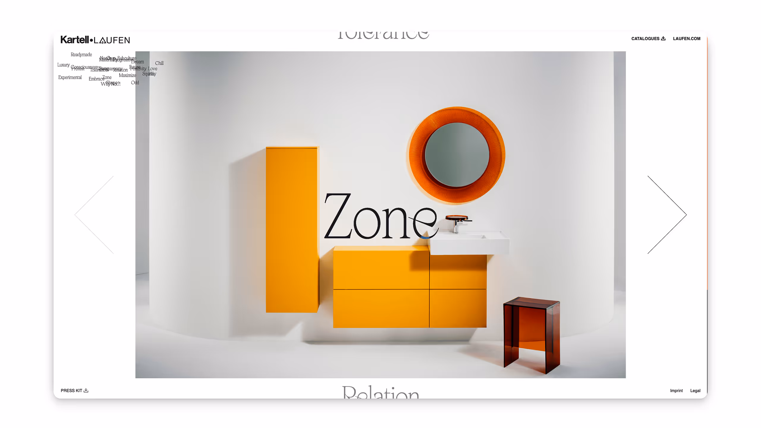 Modern bathroom setup with bright orange wall-mounted cabinets, a white sink, round orange framed mirror, and a translucent orange stool on a white background.