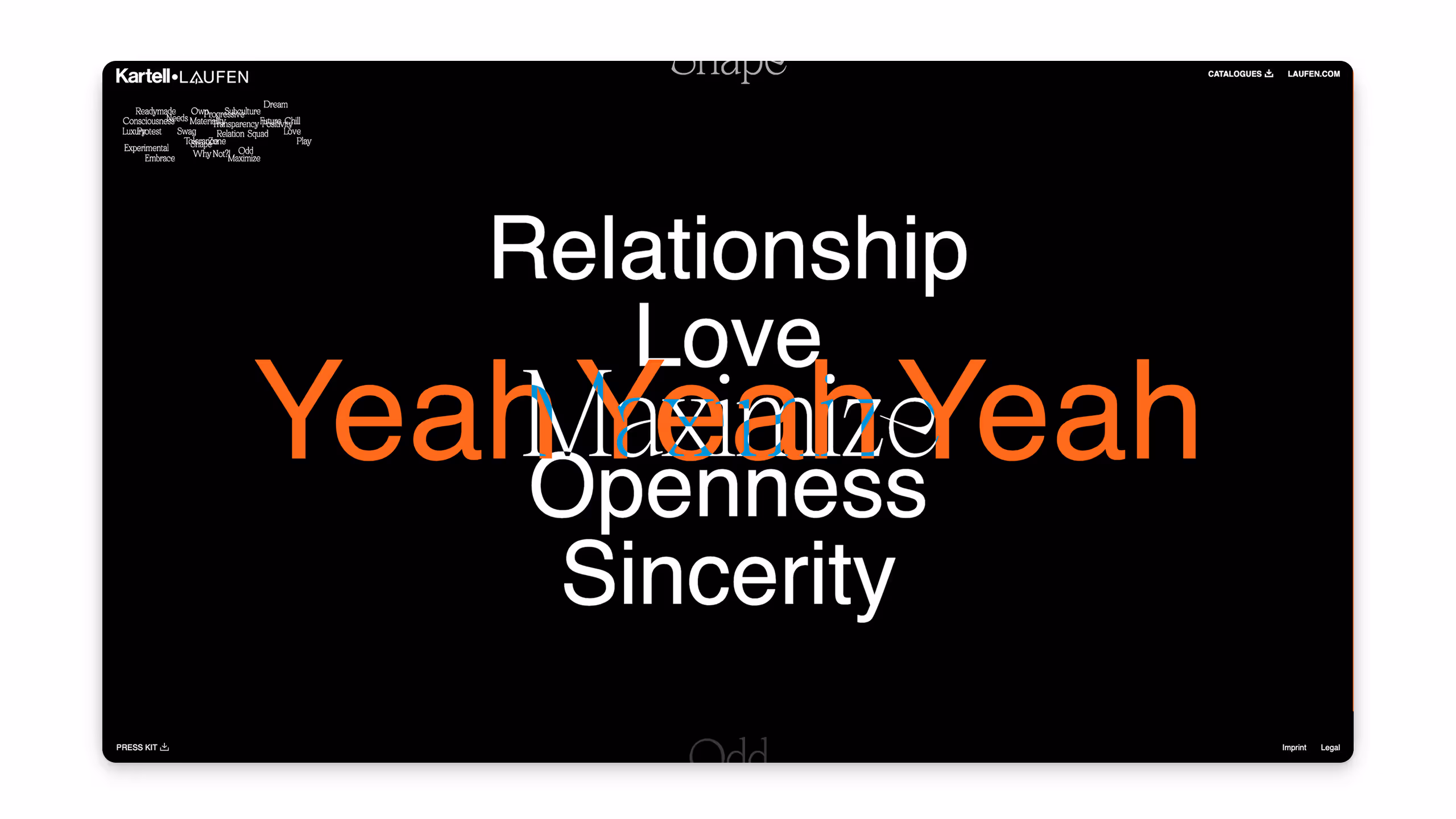 Black background with white and orange words including 'Relationship,' 'Love,' 'Openness,' 'Sincerity,' and large orange text 'Yeah Yeah Yeah' overlapping the text 'Maximize'.