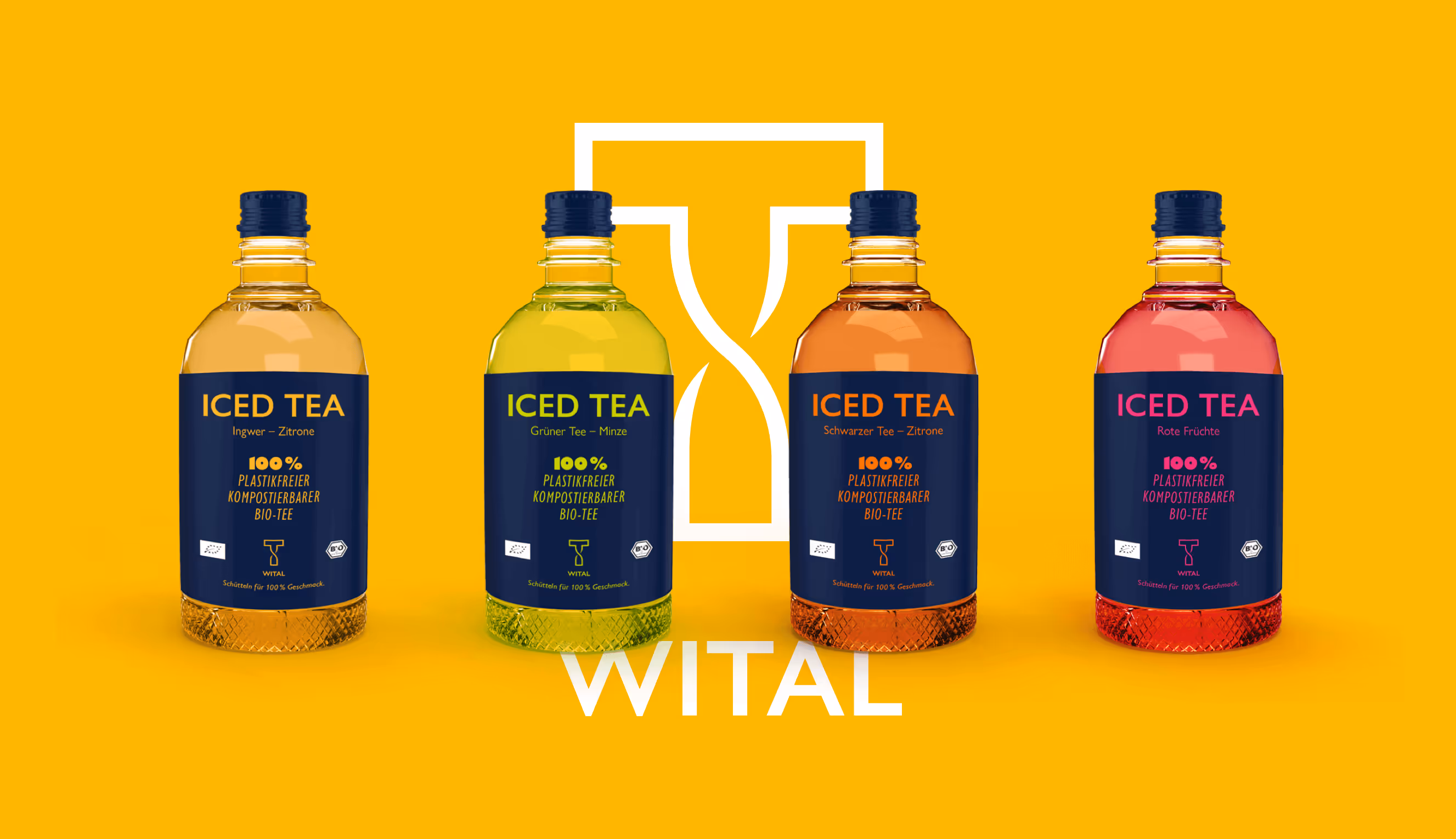 Four bottles of Wital iced tea in flavors ginger-lemon, green tea-mint, black tea-lemon, and red fruits on a yellow background with the Wital logo behind.