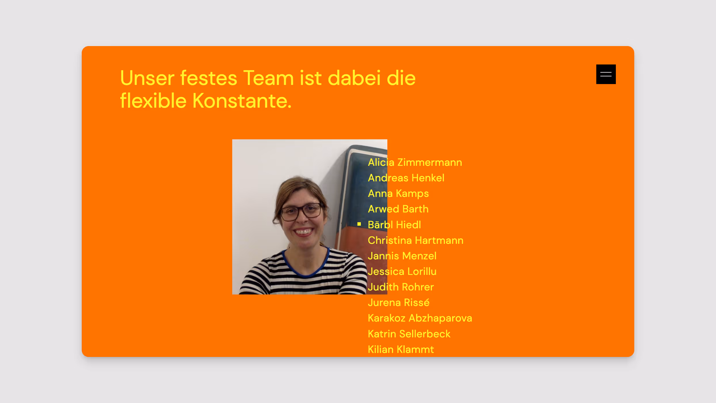 Smiling woman with glasses and striped shirt beside a list of team member names on an orange background.