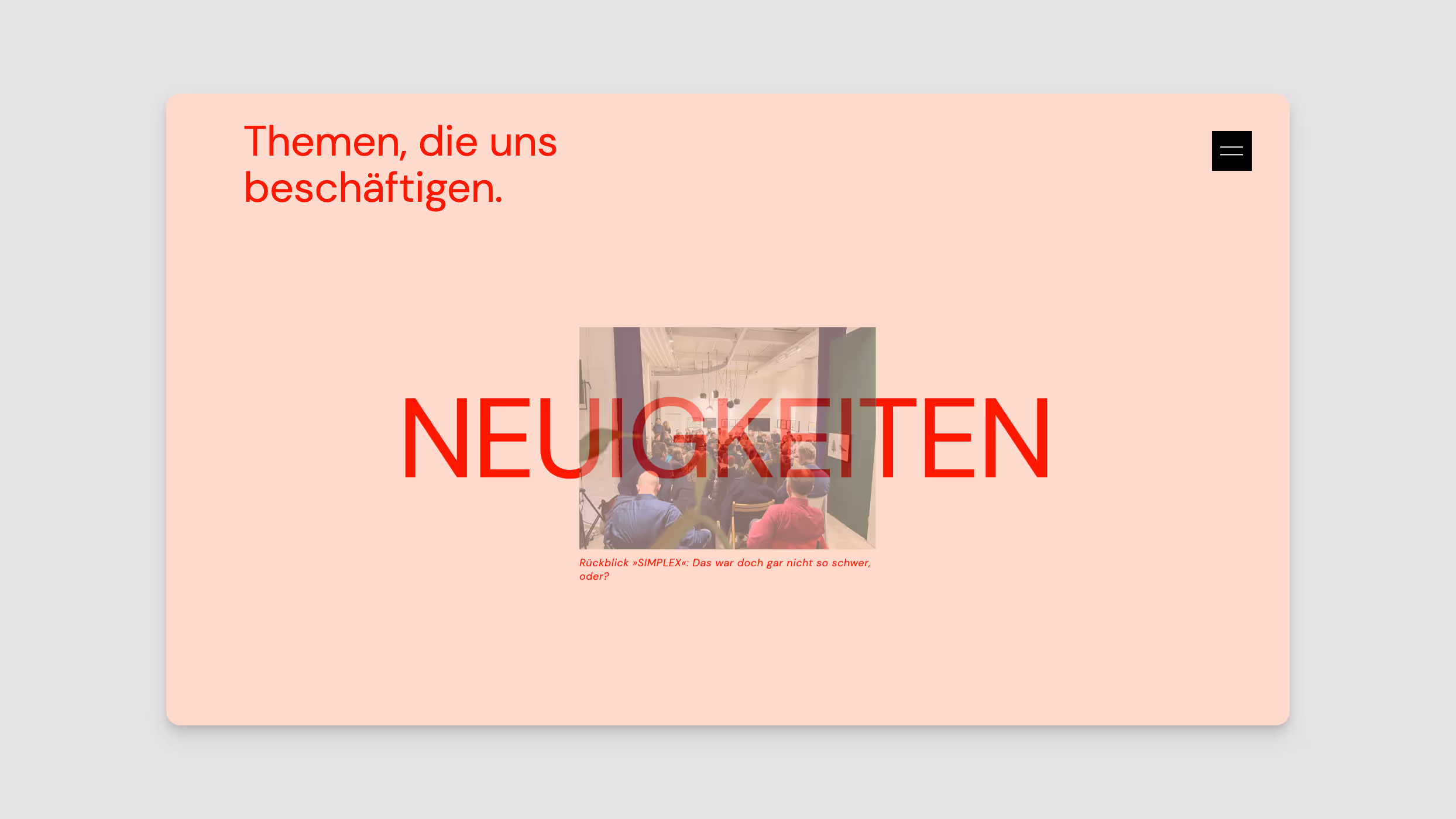 German text 'Themen, die uns beschäftigen' and 'Neuigkeiten' over a blurred photo of people sitting in a room facing forward.