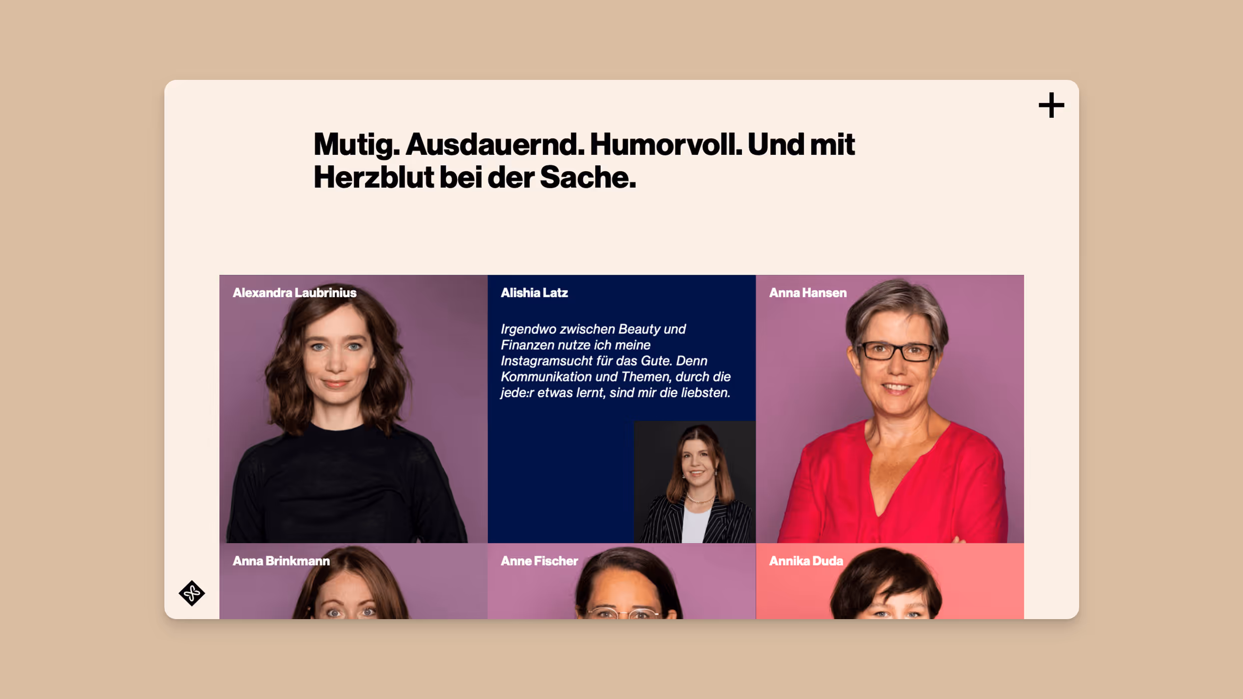 Collage featuring portraits of six women, each with their names labeled; a quote by Alishia Latz is displayed in German in a navy blue box.