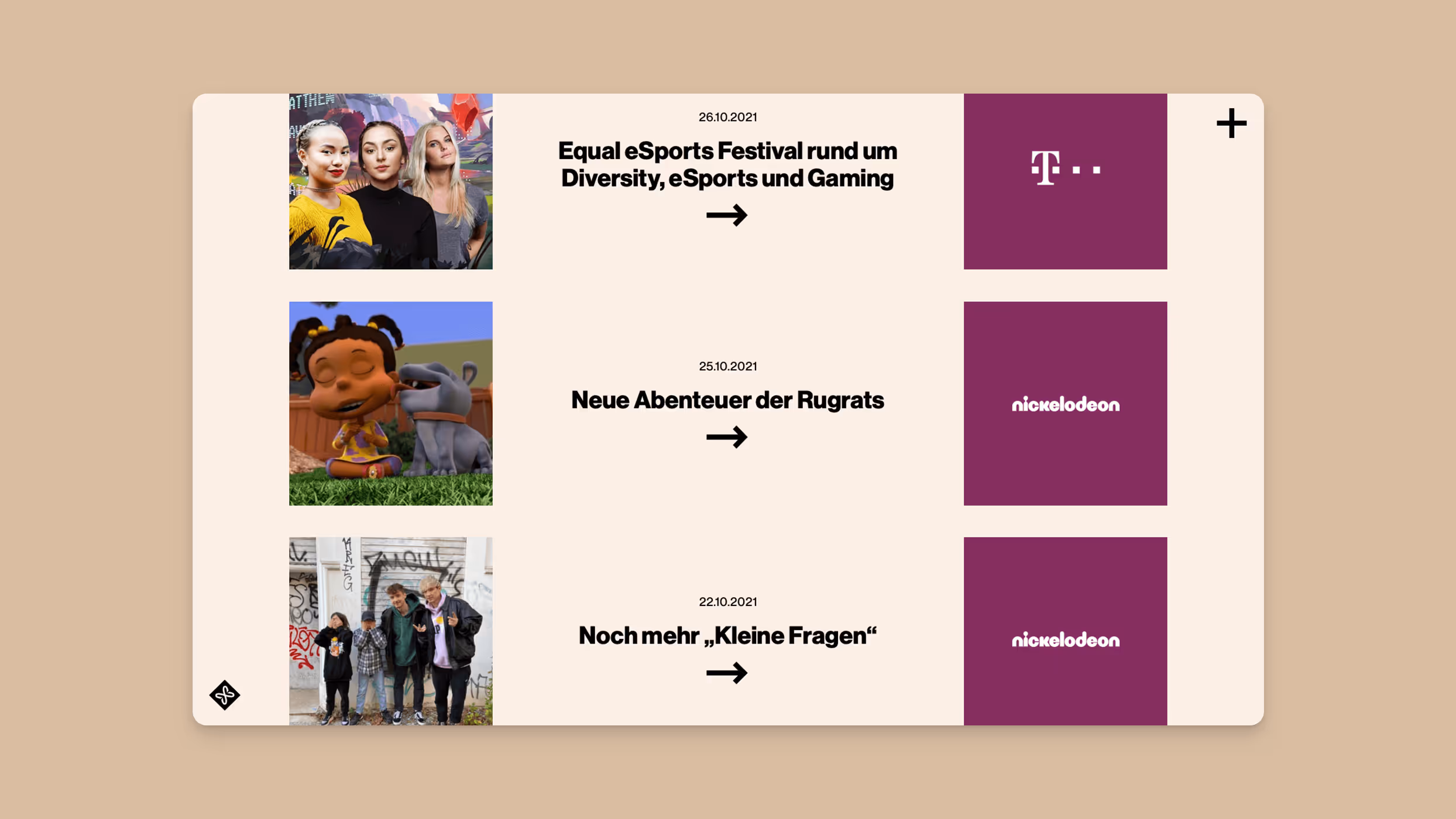 Website section displaying three news items with images on the left, dates and titles in German in the center, and company logos on the right.