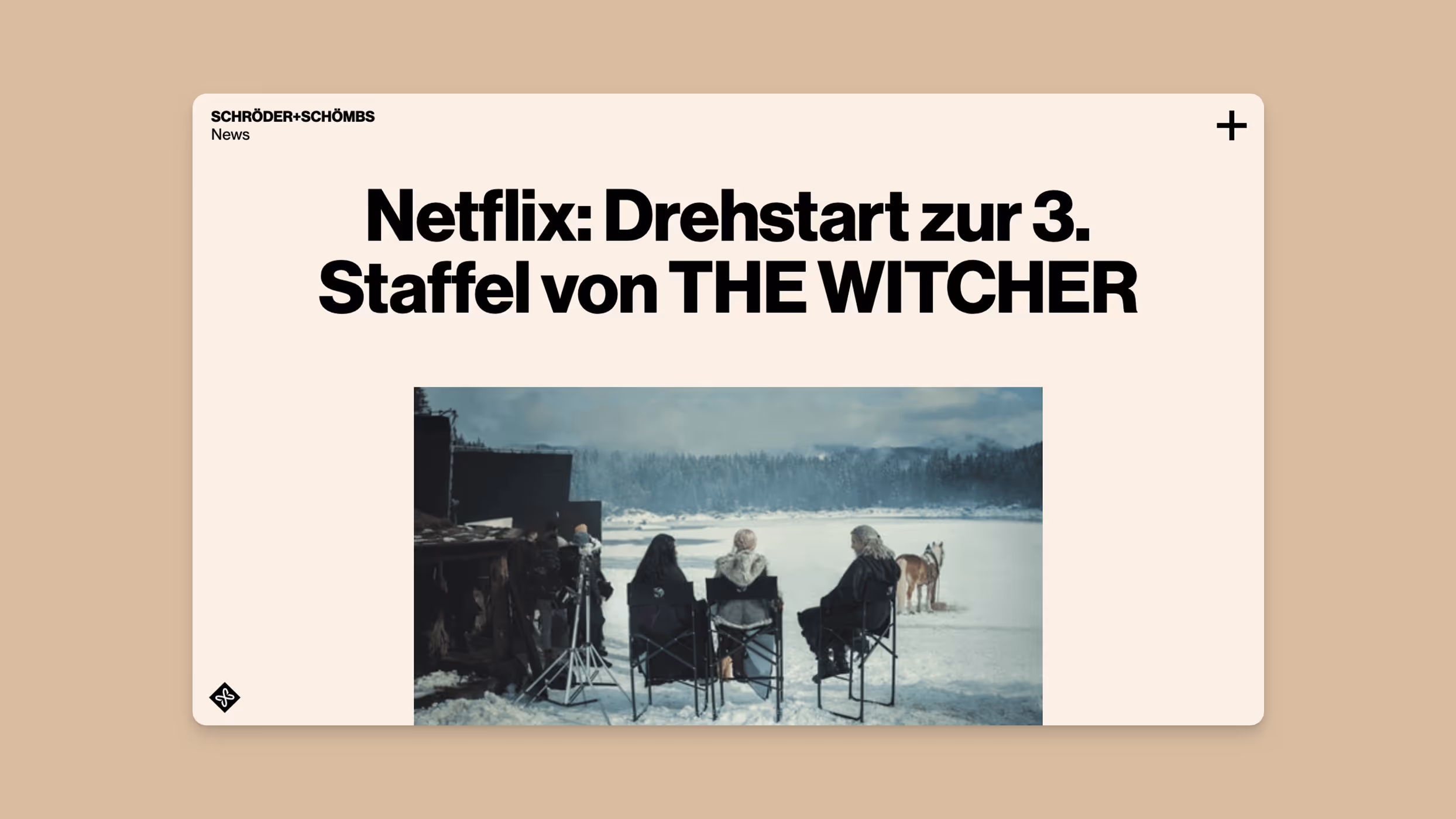 Headline announcing Netflix's start of filming the third season of THE WITCHER with behind-the-scenes snowy set and actors seated in chairs facing away.