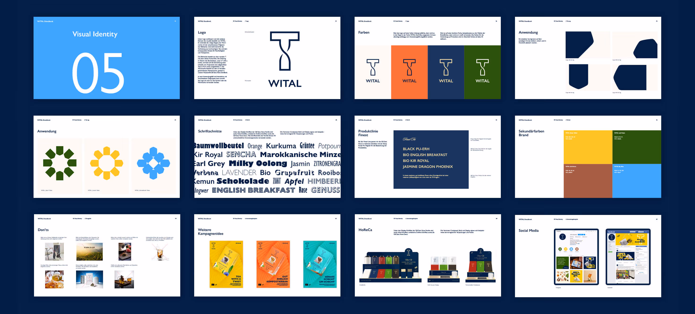 Twelve pages from the WITAL brand book showing visual identity, logo usage, colors, applications, typography, product line, secondary brand colors, do's and don'ts, campaign ideas, HoReCa packaging, and social media layout.