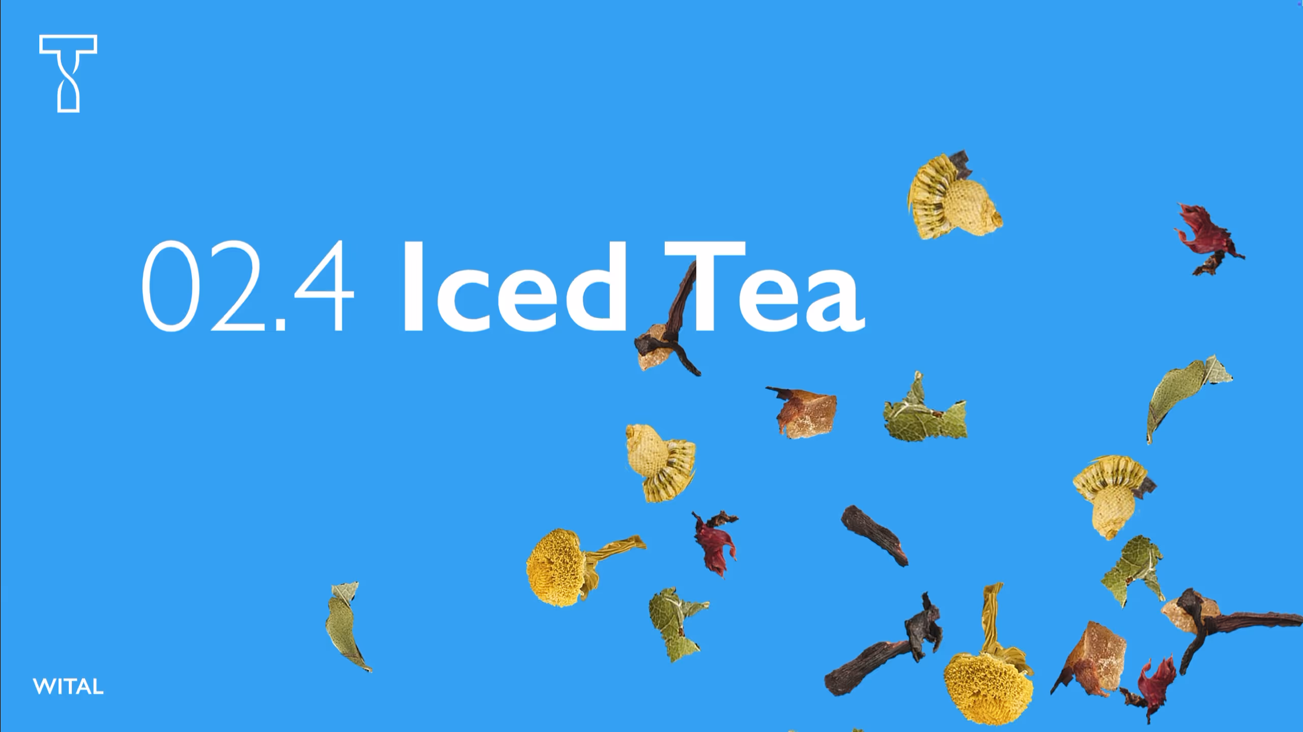 Blue background with text '02.4 Iced Tea' surrounded by scattered dried tea leaves and herbs.