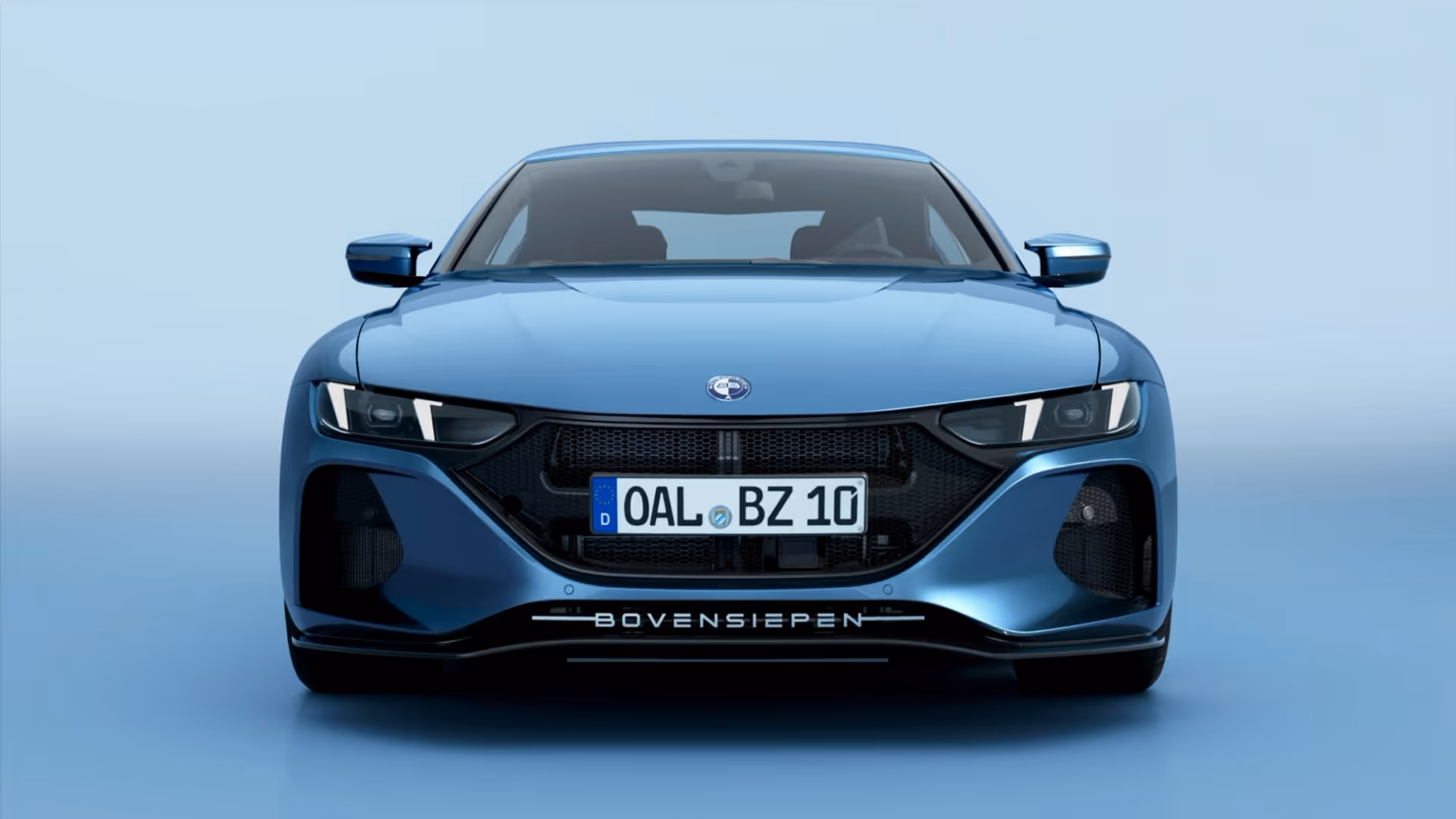 Front view of a sleek blue sports car with illuminated headlights and license plate reading 0AL BZ 10.