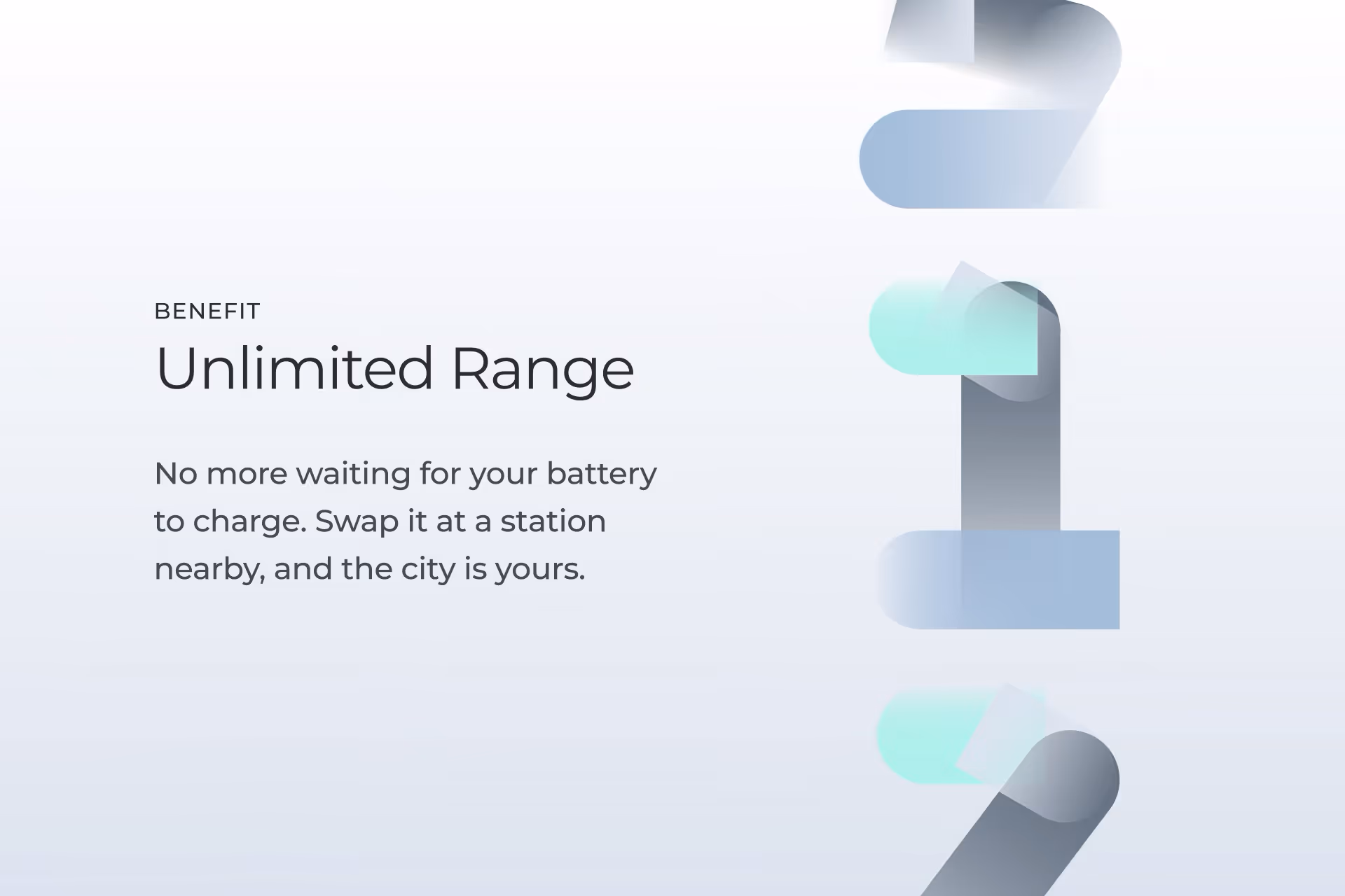 Benefit Unlimited Range with text explaining no more waiting for battery charging, swap it at a nearby station to access the city.