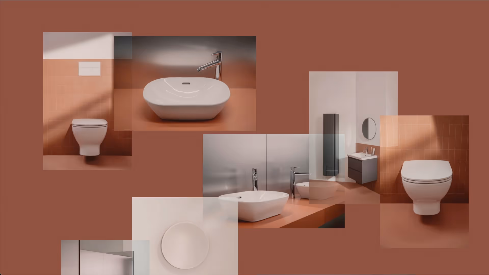 Collage of modern bathroom fixtures including wall-mounted toilets, rectangular vessel sinks with chrome faucets, and a vanity with a round mirror.