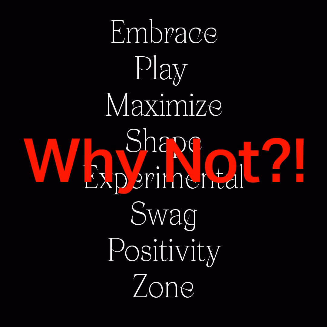 White motivational words stacked vertically on black background with large red text 'Why Not?!' overlaying the center.