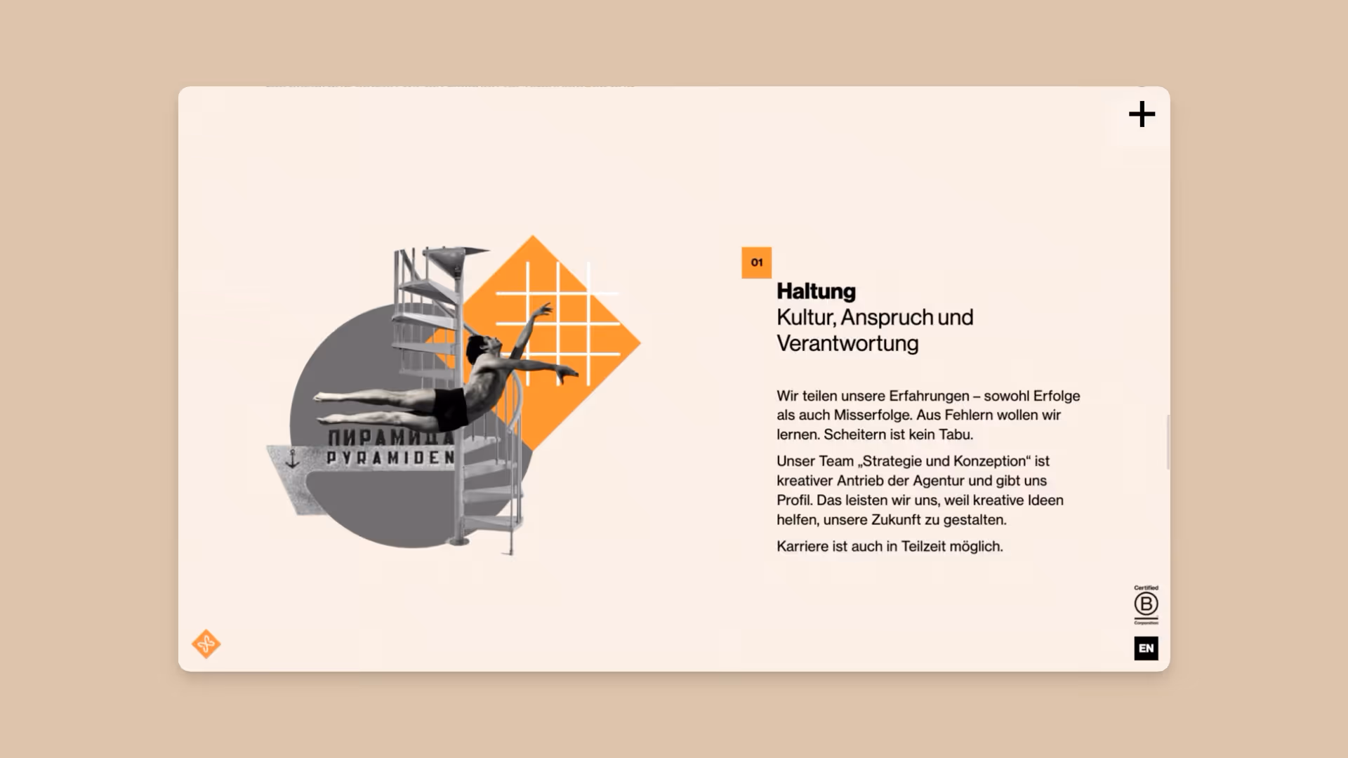 Graphic of a man diving horizontally off a metal spiral staircase with German text about culture, responsibility, and learning from failure on a beige background.