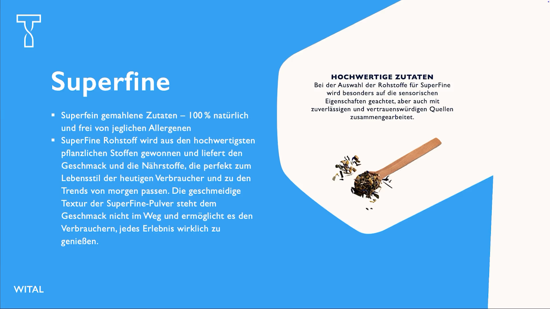 Blue and white promotional graphic for Superfine, describing its natural, allergen-free ingredients and smooth texture, with a wooden spoon holding loose tea leaves.