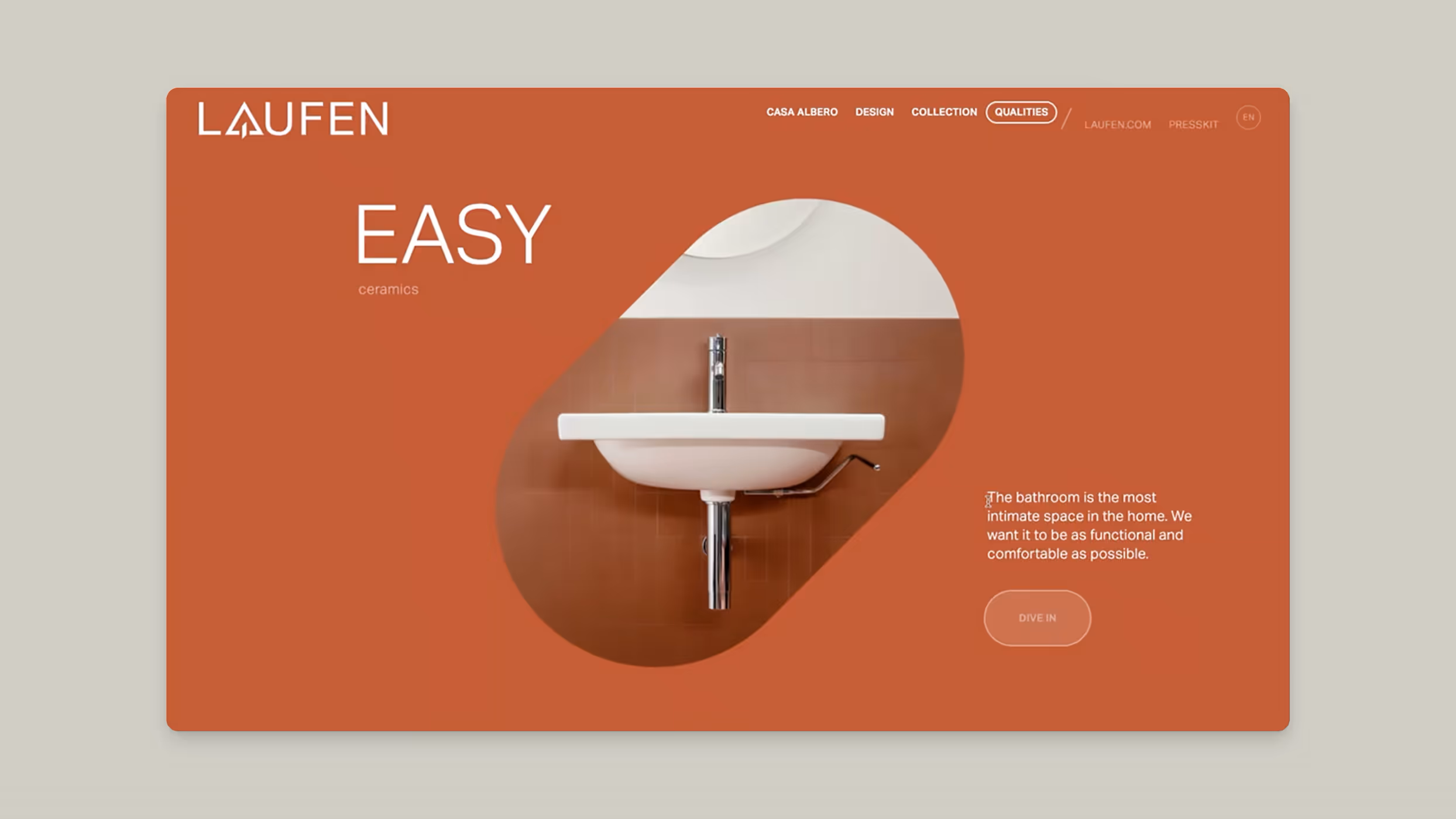 Website page with a white wall-mounted sink and faucet on a brown tiled wall, titled EASY ceramics with a description about bathroom functionality.