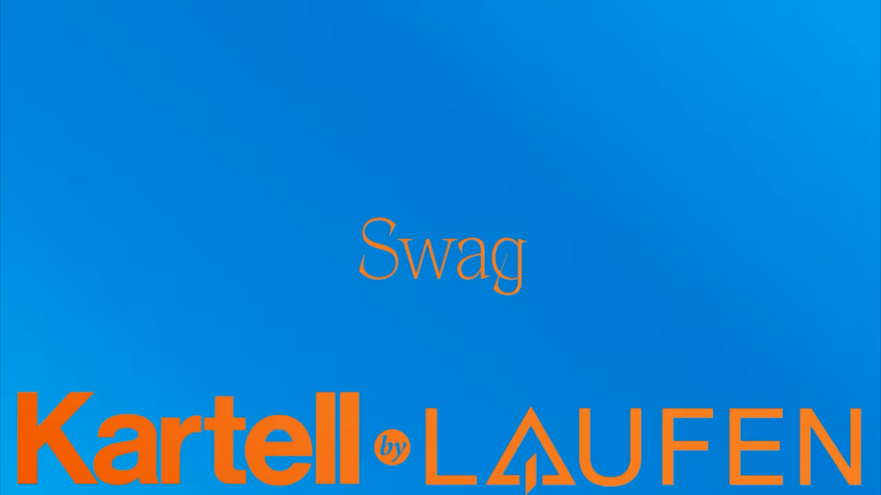 Blue background with orange text reading 'Swag Kartell by Laufen'.