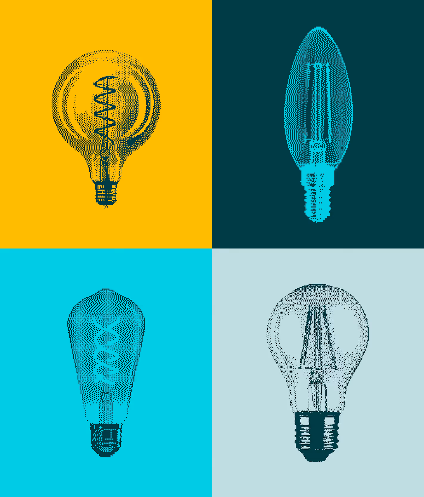 Digital pixel art of four different light bulbs on a grid with yellow, dark teal, bright cyan, and light cyan backgrounds.