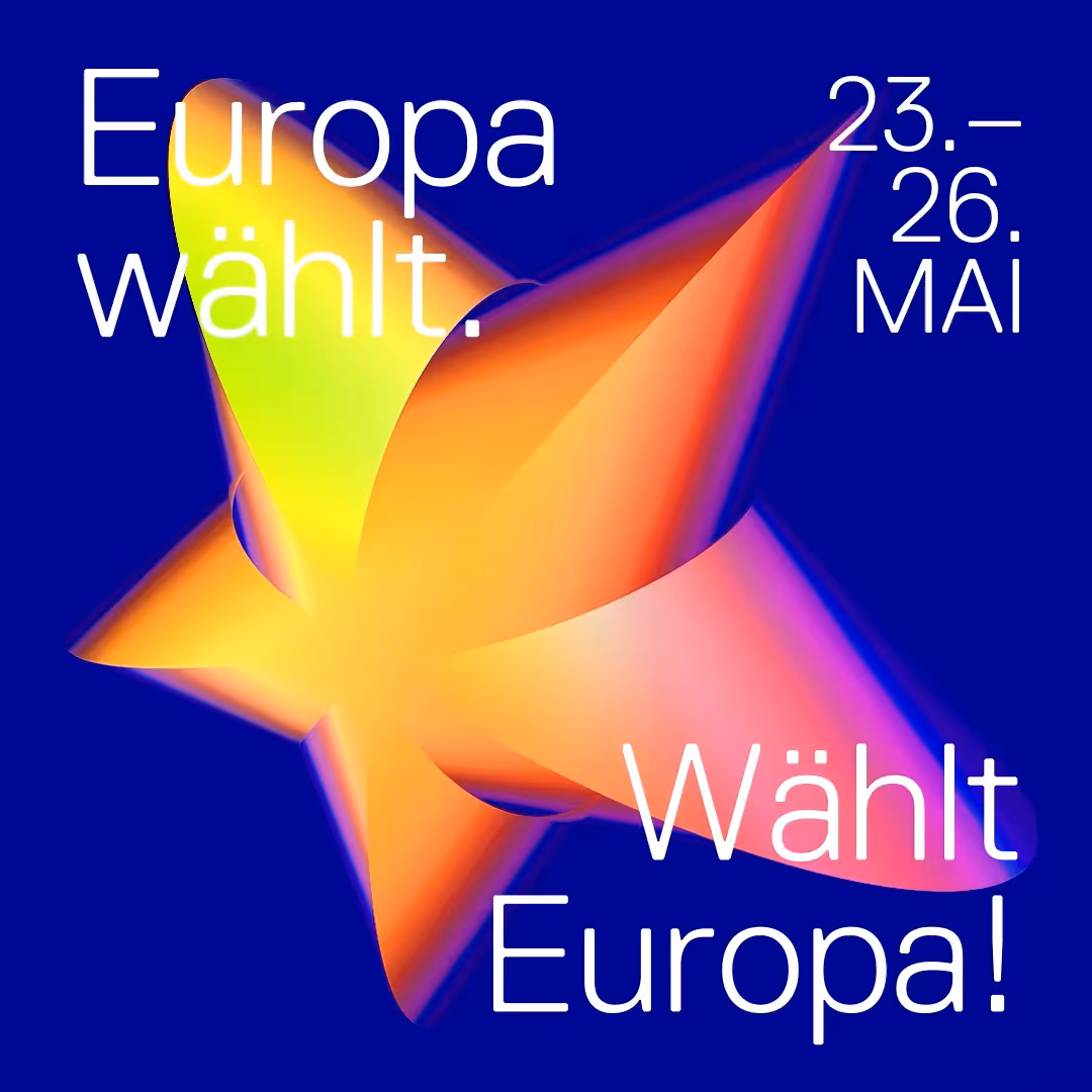 Colorful abstract star shape on blue background with white text 'Europa wählt. 23-26 Mai Wählt Europa!'