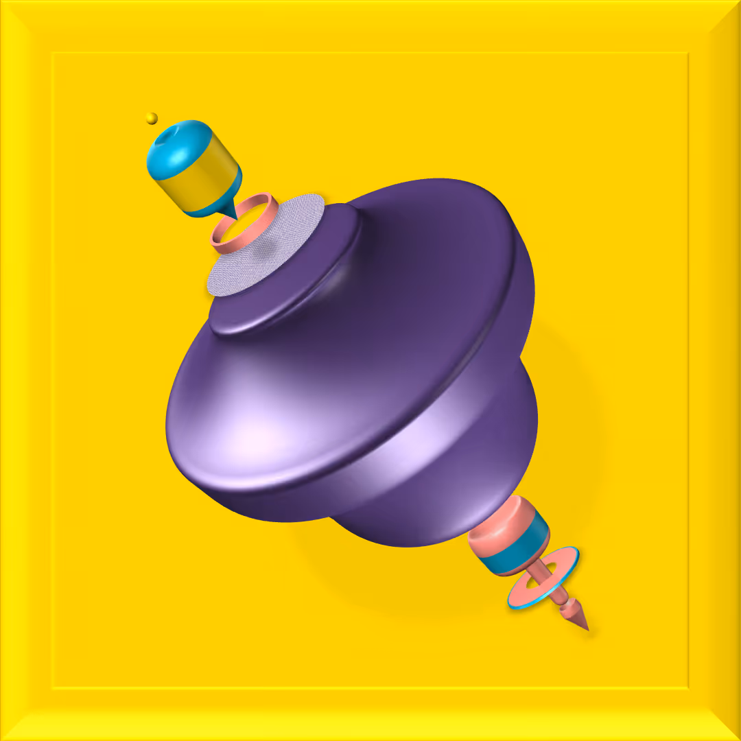 3D purple spinning top toy with colorful turquoise and pink accents on a bright yellow background.