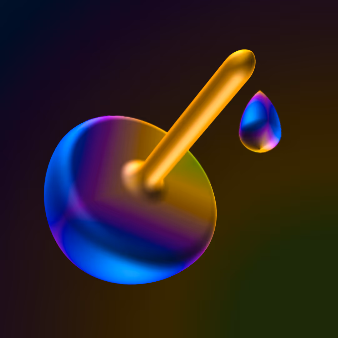 3D illustration of a colorful dropper releasing a multicolored droplet on dark gradient background.