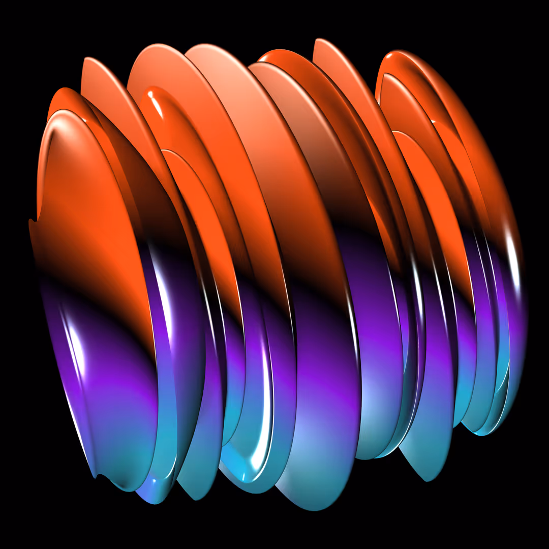 Abstract 3D shape with overlapping glossy discs in gradient colors of red, purple, and blue on a black background.