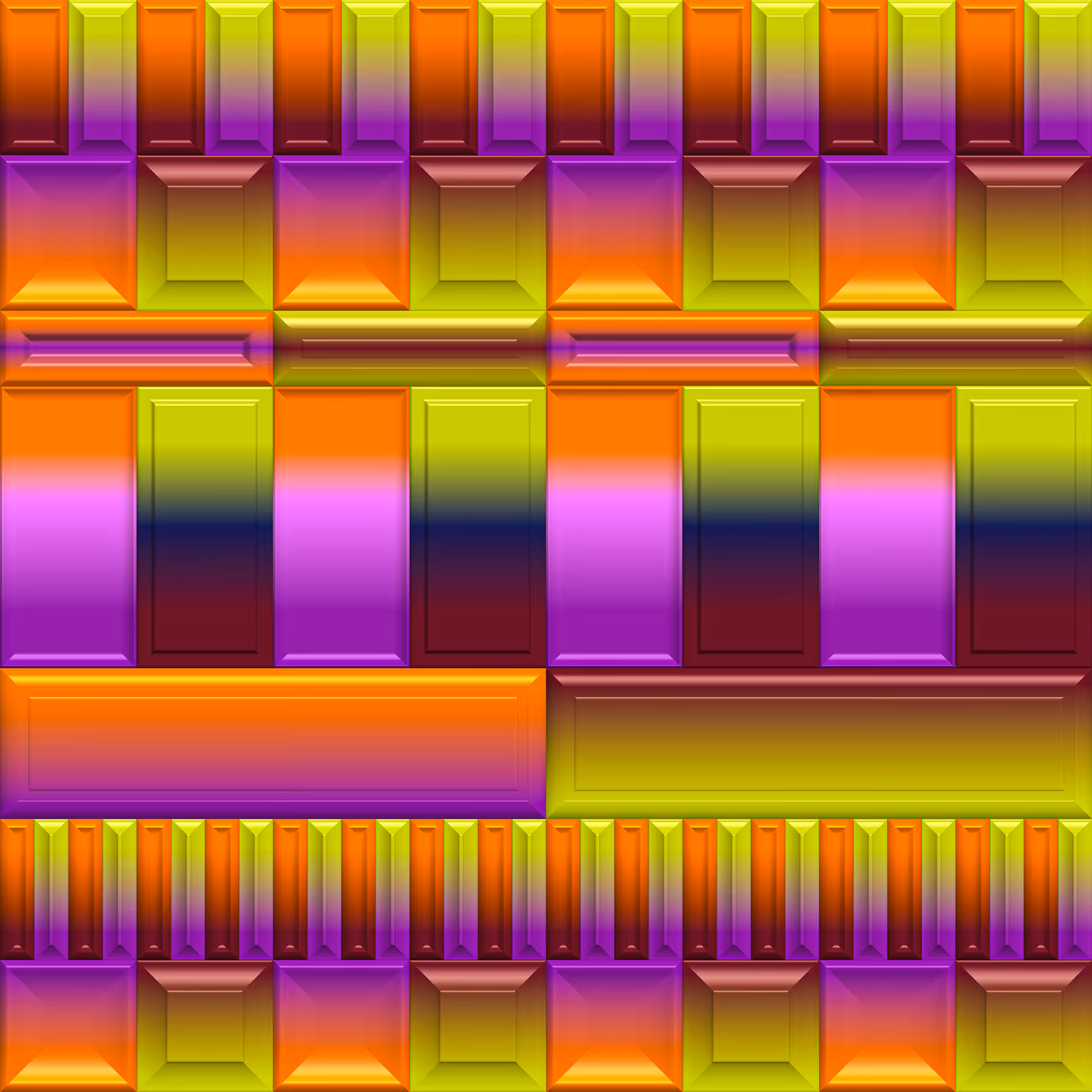 Abstract geometric pattern with rectangular shapes in gradient colors of orange, purple, yellow, and dark red arranged in symmetrical rows and columns.