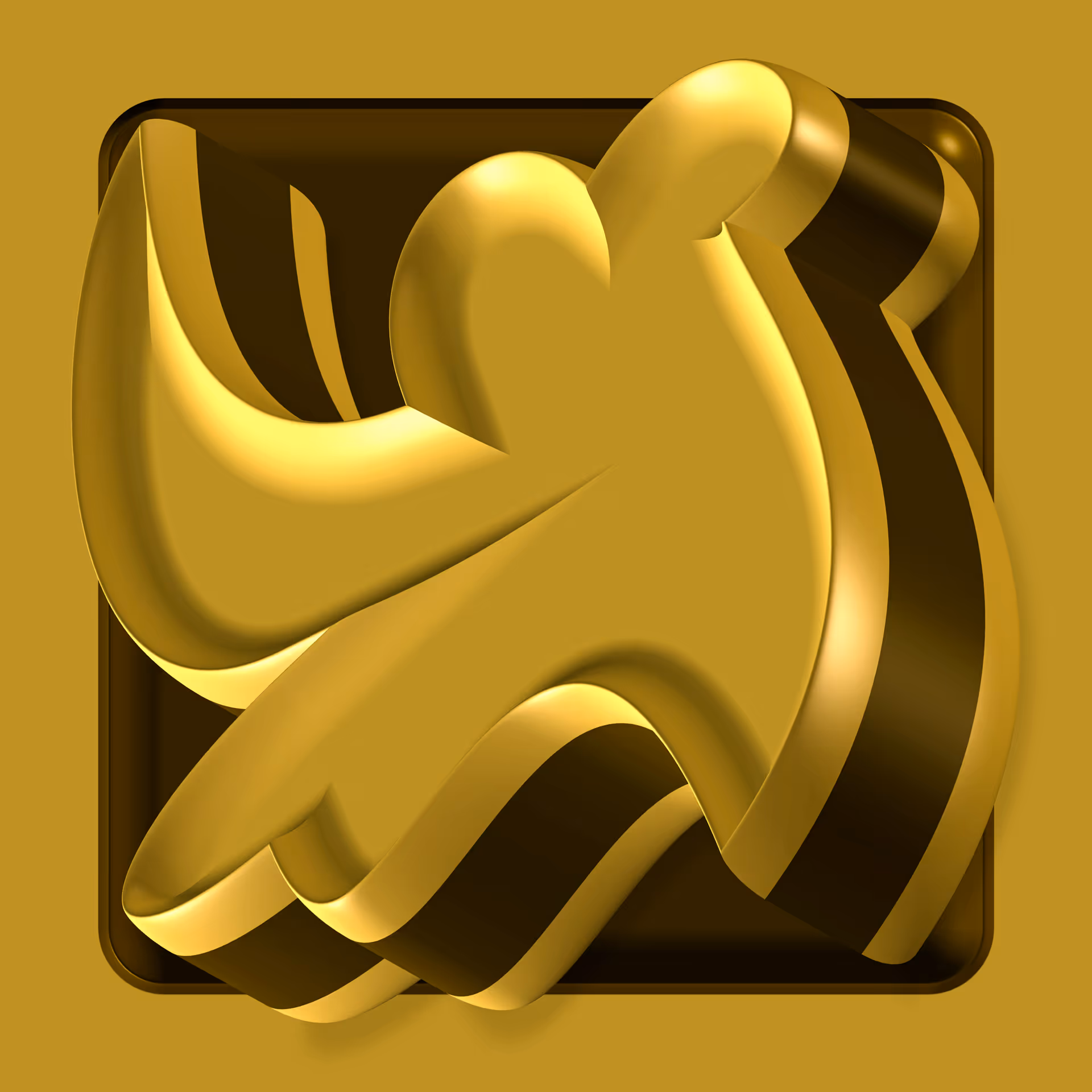 Shiny golden abstract 3D figure resembling a playful hand or glove inside a rounded square frame on a golden background.