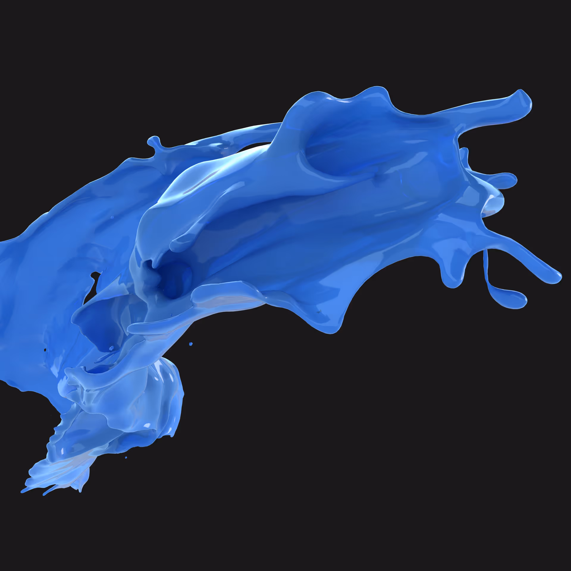 Splash of glossy blue liquid paint against a black background.