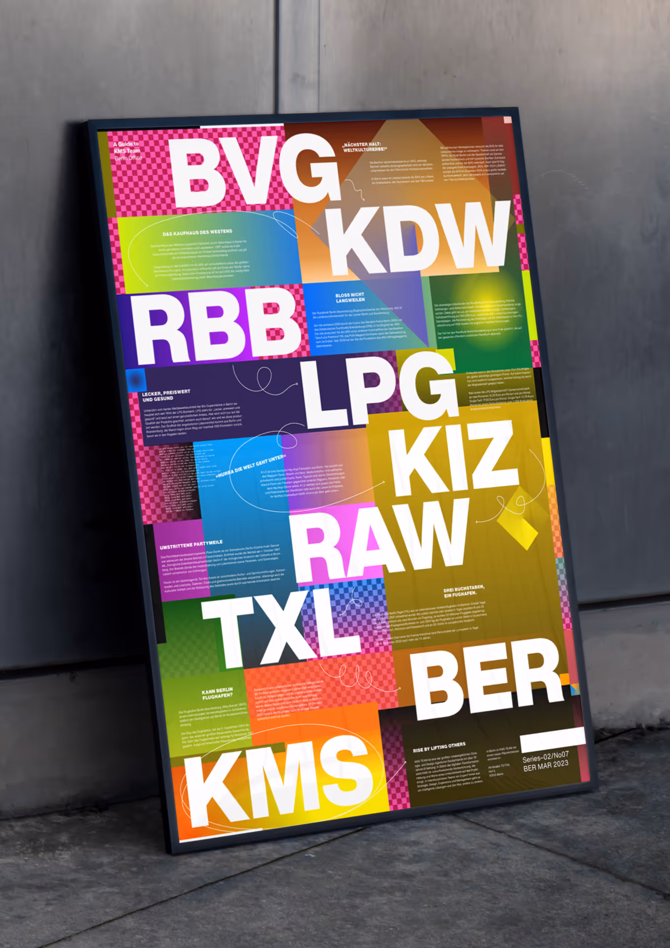 Colorful graphic poster with large white letters representing Berlin locations and organizations like BVG, KDW, RBB, PG, KIZ, RAW, TXL, BER, and KMS, with additional German text blocks describing history and facts.