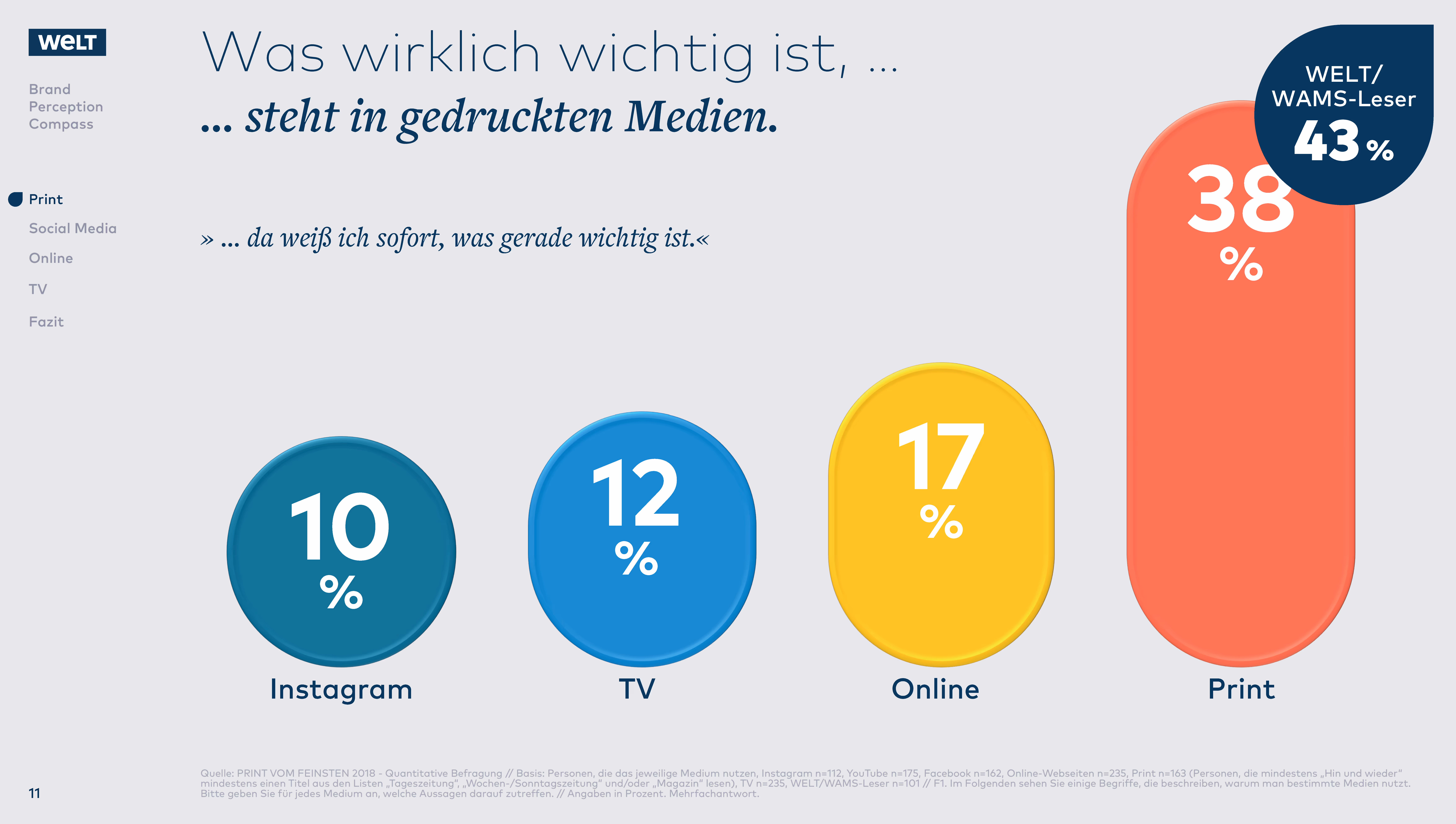 Bar chart showing media importance with Print at 38%, Online 17%, TV 12%, and Instagram 10%, highlighting WELT/WAMS readers at 43%.