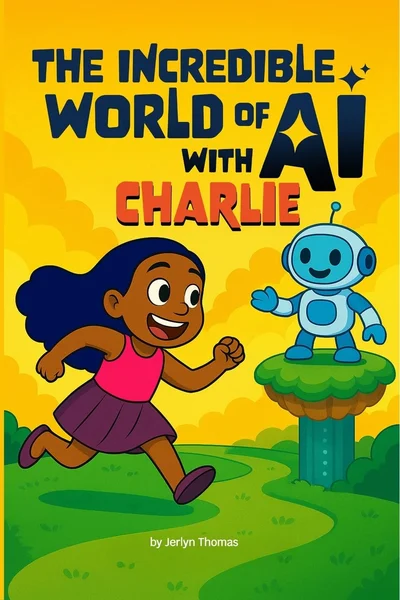 Cover of The Incredible World of AI with Charlie: a girl running along a green path toward a friendly blue robot.
