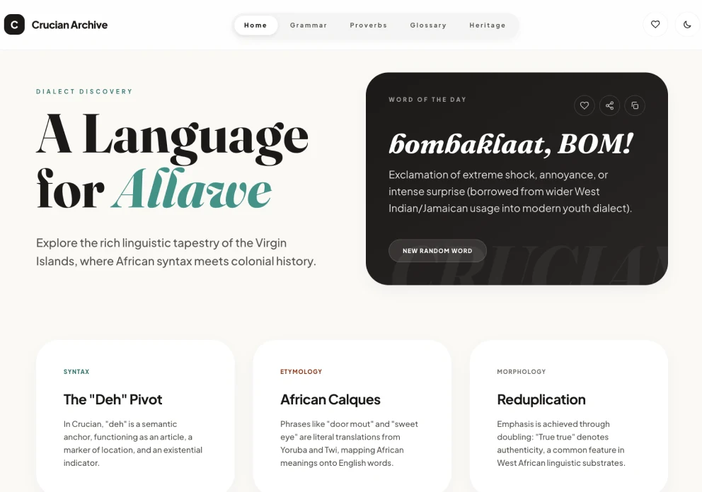 Crucian Archive web app home: the headline “A Language for Allawe,” a word of the day card, and three cards on syntax, etymology and morphology.