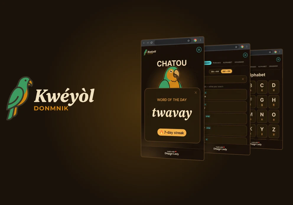 The Kwéyòl Donmnik parrot logo beside three extension screens: the word of the day, twavay, with a 7-day streak, a dictionary search, and the alphabet.