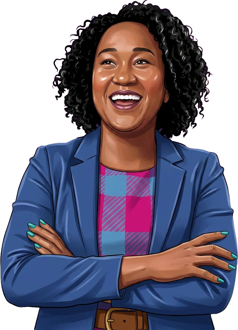 Illustrated portrait of Jerlyn O’Donnell, smiling with arms crossed, in a blue blazer.