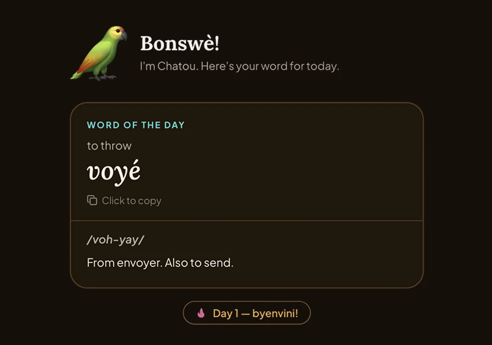 Kwéyòl Donmnik Today screen: Chatou the parrot says “Bonswè!” and shows the word of the day, voyé (to throw), with its pronunciation and a Day 1 streak badge.