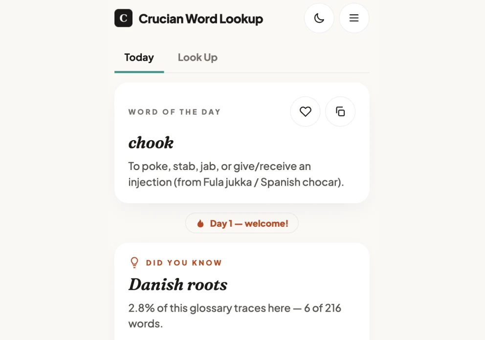 Crucian Word Lookup extension, Today tab: the word chook with its definition, a Day 1 streak badge, and a Did you know card on Danish roots.