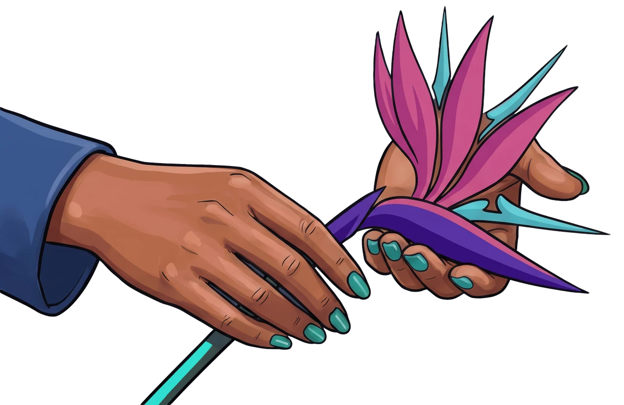 Illustration of a hand in a blue sleeve reaching toward a bird of paradise held in another open hand.