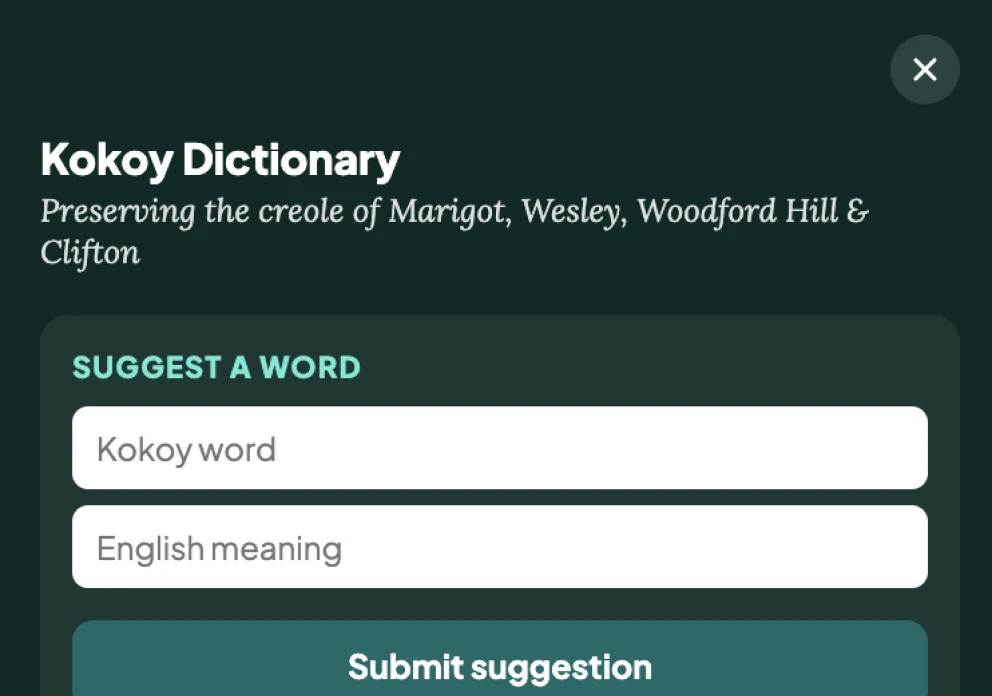 Kokoy Dictionary suggest-a-word form, with fields for a Kokoy word and its English meaning and a Submit suggestion button.