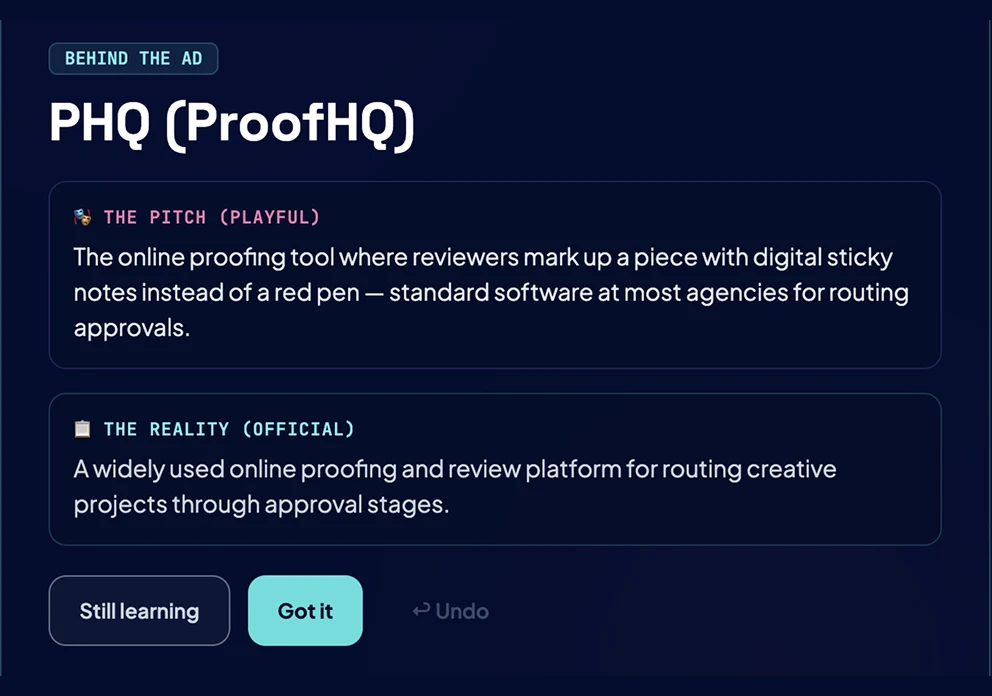 RxPlained study mode: the term PHQ (ProofHQ) with its playful pitch and official definition, and buttons to mark it Still learning or Got it.