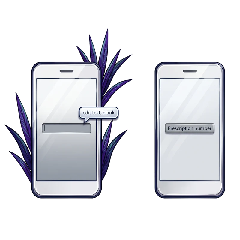 A phone form shown twice: first with an unlabeled field that a screen reader announces as edit text, blank; then the same field with a visible label, Prescription number.