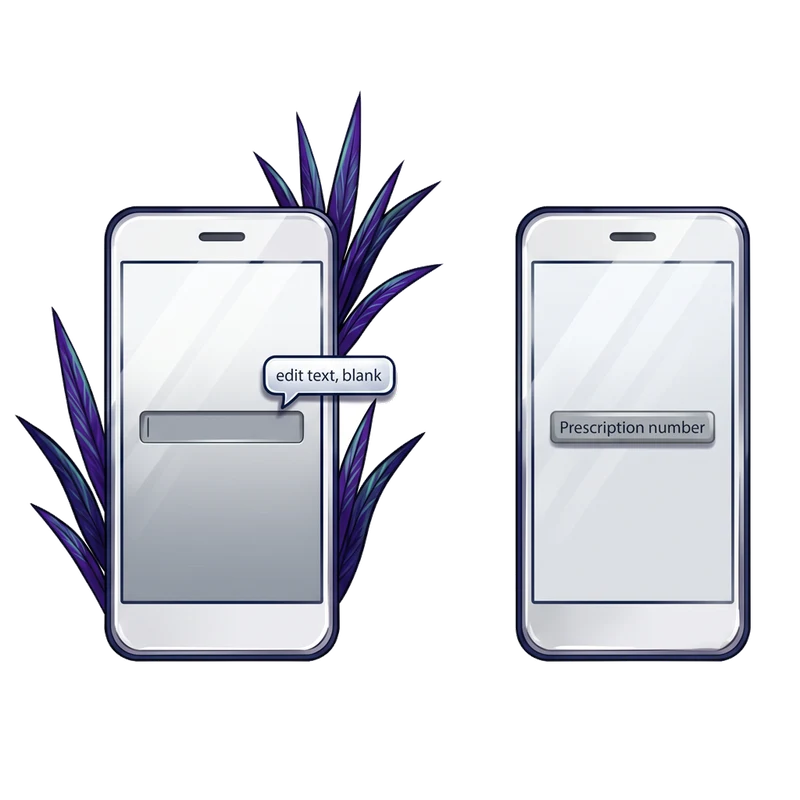A phone form shown twice: first with an unlabeled field that a screen reader announces as edit text, blank; then the same field with a visible label, Prescription number.