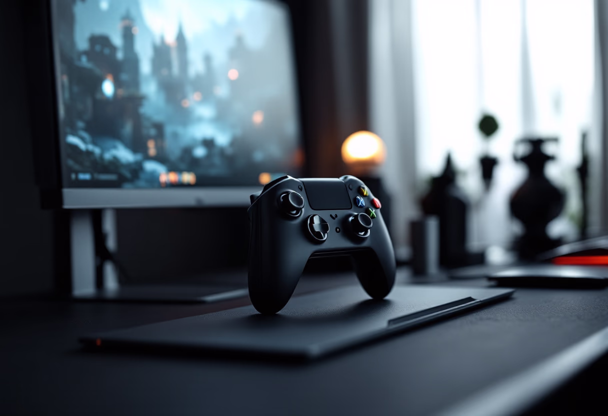 image of desk setup with computer (for a game development company)