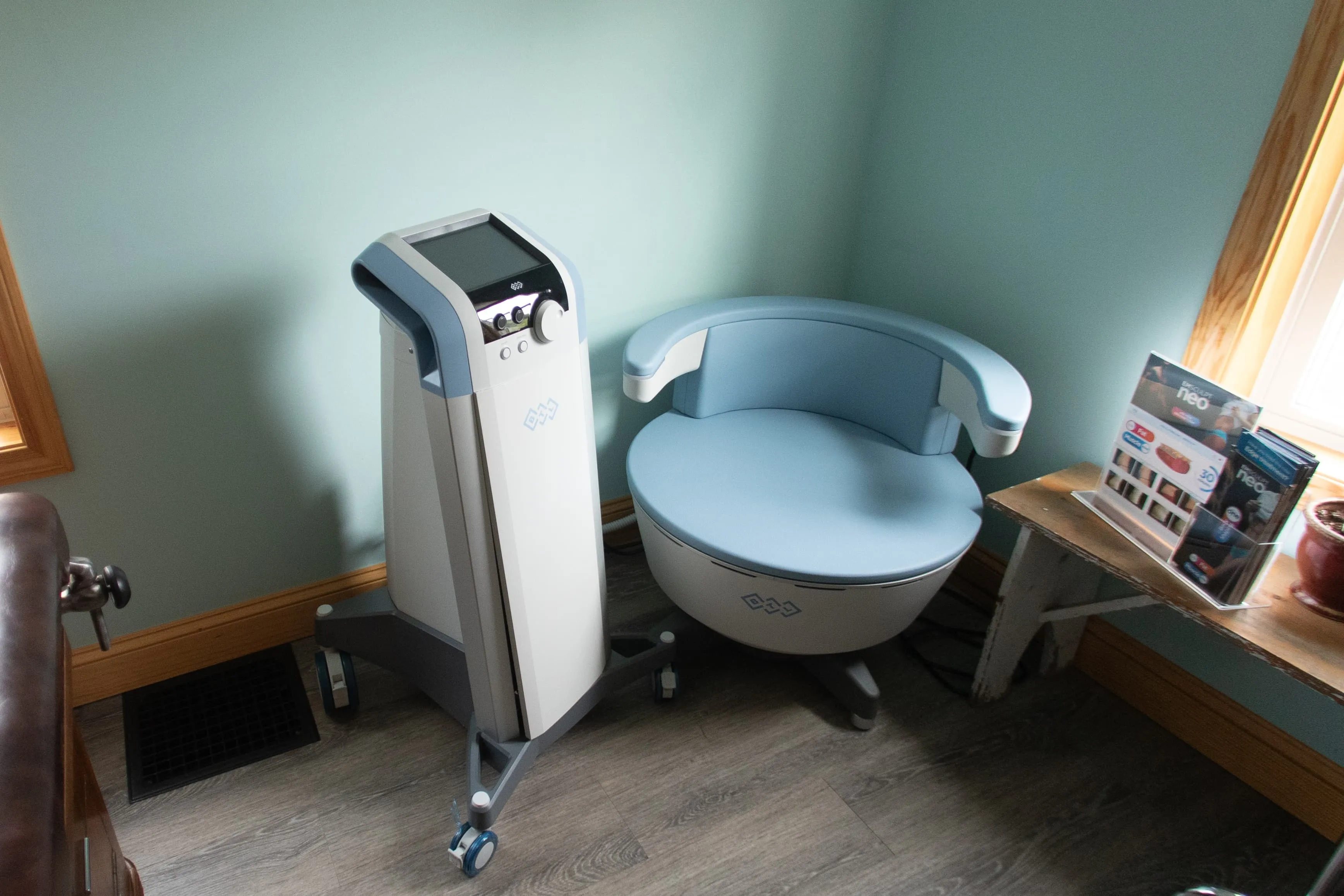 BTL Emsella chair and control unit used for pelvic floor strengthening treatments