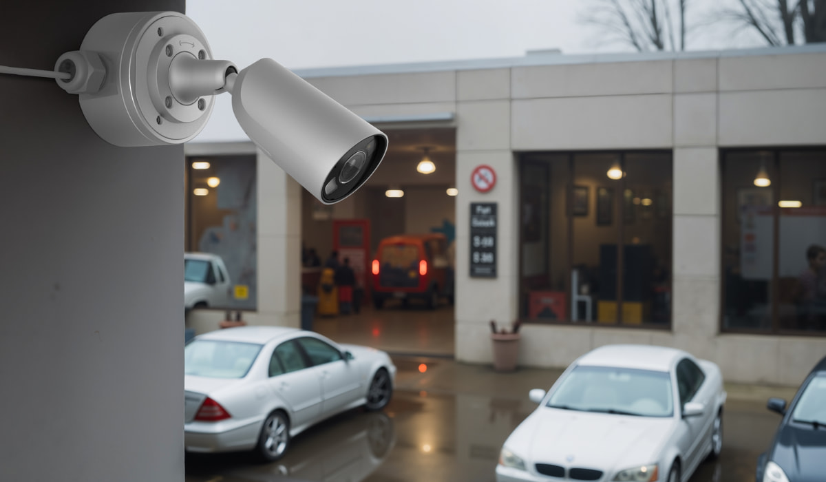Commercial video surveillance system monitoring a business property entrance and parking lot with real-time security camera coverage