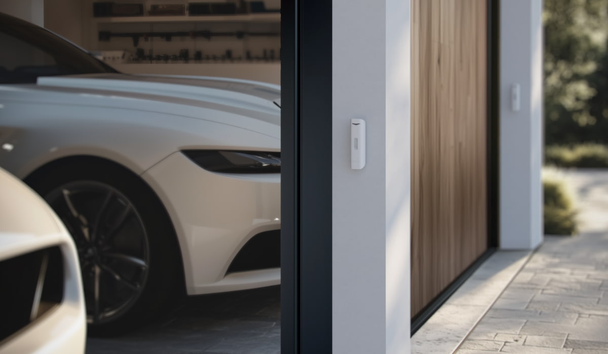 Ajax door and window security sensor installed near a garage entry to help protect access points in a smart home security system.