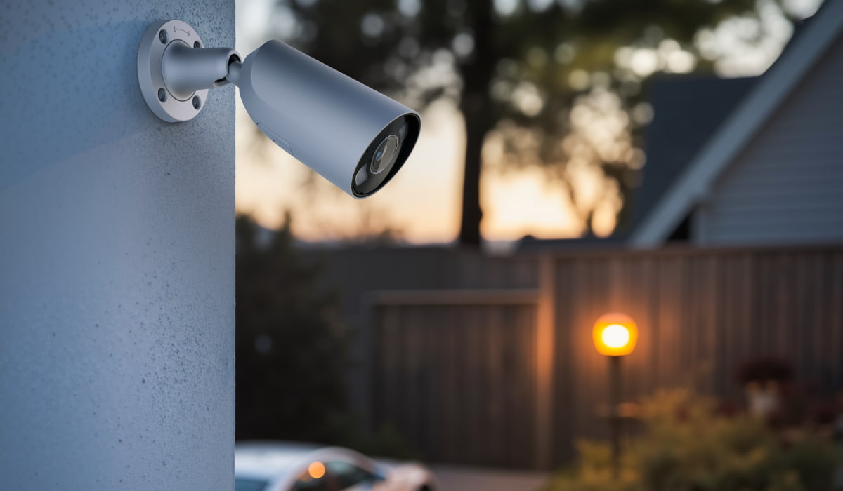 Outdoor security camera installed on a home to provide visibility as part of a complete security plan with intrusion detection and monitoring options.