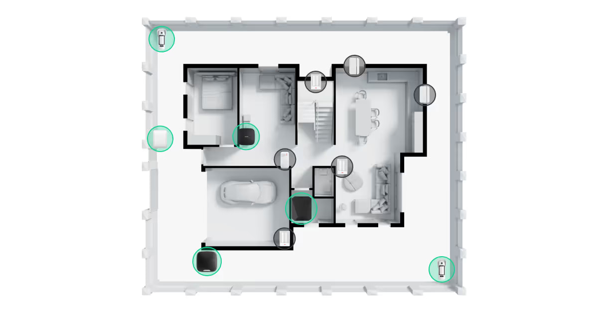 Hybrid security system layout showing reusable wired alarm sensors connected to a modern professionally installed security system