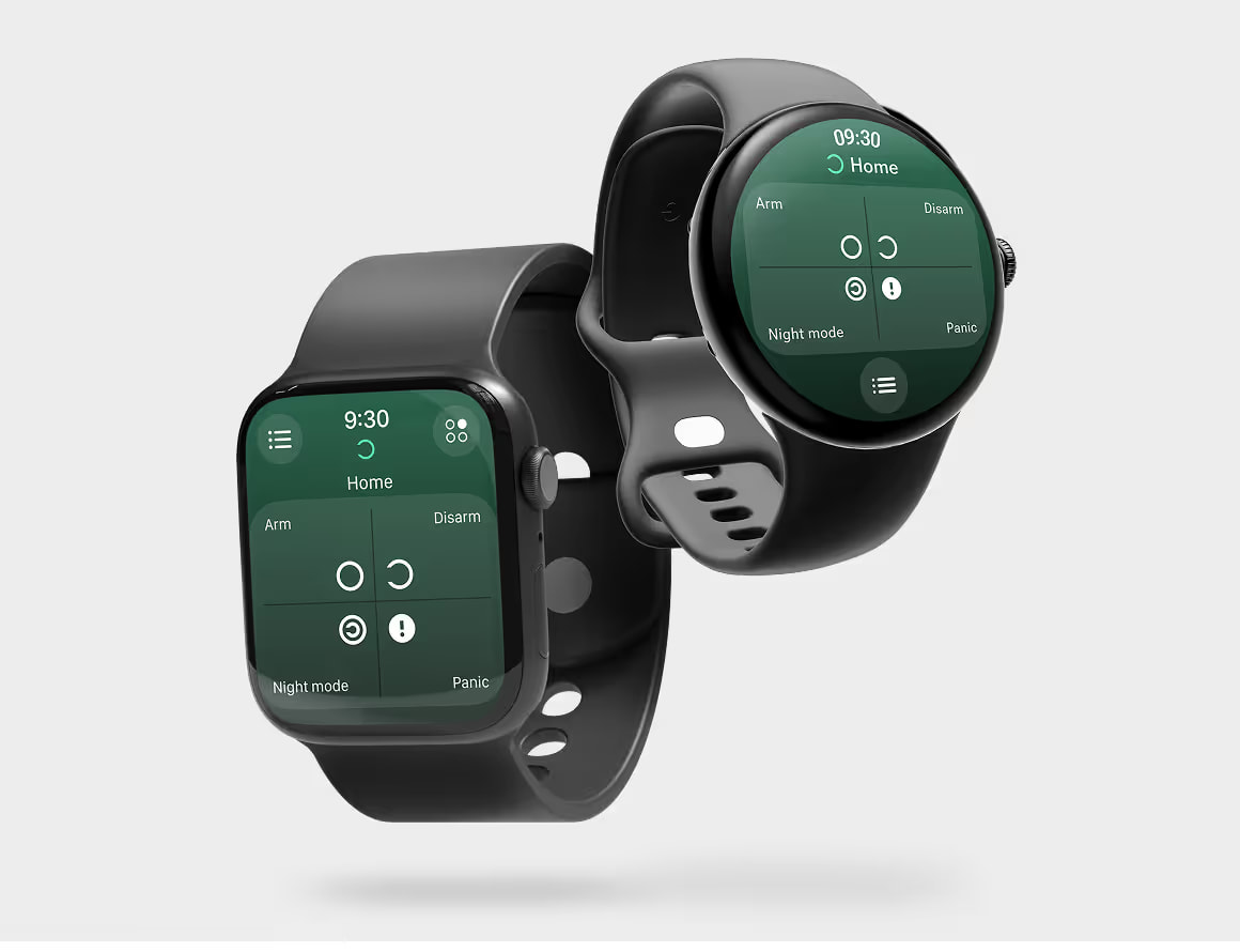 Ajax security system controlled from Apple Watch and Wear OS smartwatch with remote arm, disarm, night mode, and panic functions
