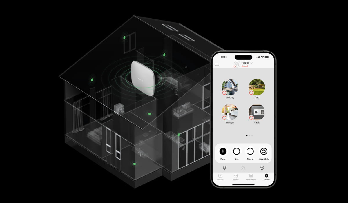 Ajax app showing separate security zones for a large home, yard, and garage